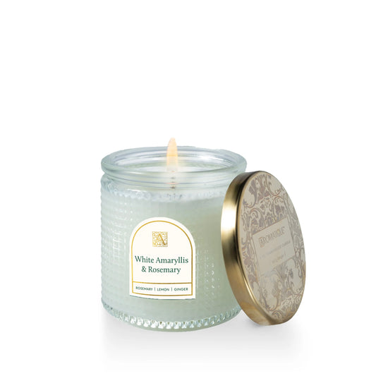 White Amaryllis & Rosemary Textured Glass Candle