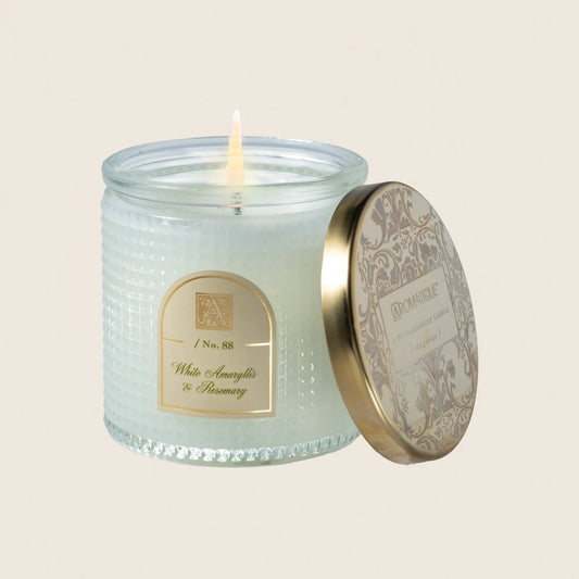 White Amaryllis & Rosemary Textured Glass Candle