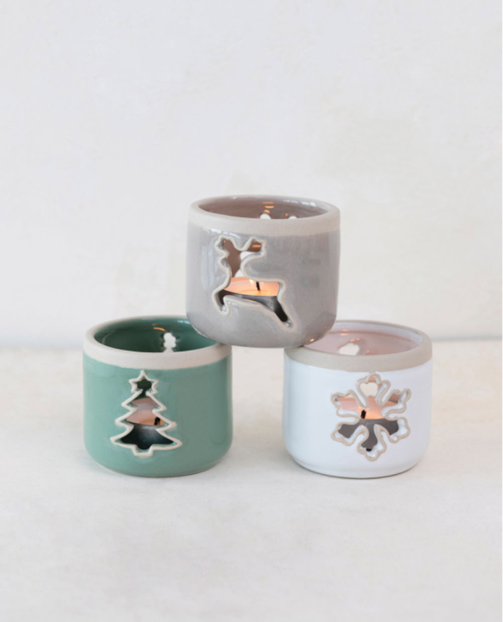 Stoneware Tealight Holder with Holiday Icon Cut-Out